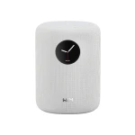 White fabric-covered cylindrical smart speaker with a circular clock display on the front
