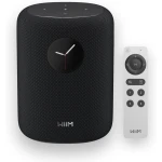 Black WIIM smart speaker with a mesh grille and a round clock on the front, shown with its white remote control beside it.