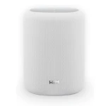 White cylindrical smart speaker with a perforated fabric covering and a smooth top with indicator lights on display edge-to-edge top.
