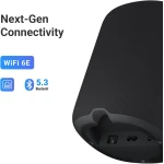 Speaker featuring 'Next-Gen Connectivity' with WiFi 6E and Bluetooth 5.3 icons on the left and a textured speaker body on the right.