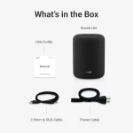 What's in the Box: Sound Lite speaker with user guide, 3.5mm to RCA cable, and power cable displayed.