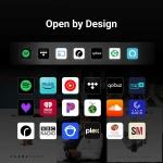 Row of app icons on a dark gallery background, including Spotify, TuneIn, iHeartRadio, and BBC Radio icons, centered under 'Open by Design' text.