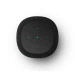 Top-down view of a black smart speaker with a fabric mesh rim and a dark circular control surface showing cyan plus, minus, play, and arrow icons.