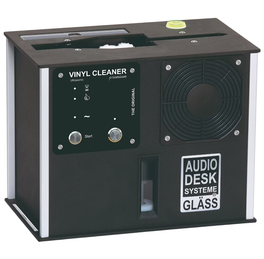Audio Desk Systeme Gläss vinyl cleaning machine with control panel (START) and brush reservoir on top, used for cleaning records.