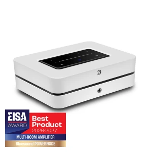 White Bluesound Powernode multi-room amplifier with a black touch panel on top; EISA Best Product 2026–27 badge in the bottom-left corner.