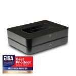 Black, rectangular multi-room amplifier with a top panel touchscreen and an EISA Best Product 2026-2027 badge in the corner.