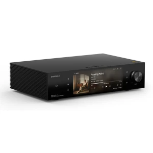Black high-fidelity music streamer with a large central touchscreen showing a music app and a big right-side volume knob on a sleek rack-mount chassis
