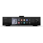 Black stereo receiver with a large central touchscreen showing music apps and a volume knob on the right, labeled DMP-A8 Master Gen 2 on the left panel.