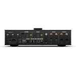 Rear panel of an audio interface showing digital, USB, network, and analog I/O: AES/EBU, coaxial, optical, USB, SFP/fiber, and XLR inputs/outputs labeled L and R.