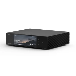 Black media streamer with a front touchscreen showing album art and playback controls.