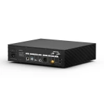 Rear view of a black rack‑mount appliance with multiple ports such as Ethernet, USB, SFP fiber, optical, coaxial, and a power switch.