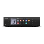 Front panel of a black streaming receiver showing app icons (Apple Music, TIDAL, Spotify-like icons) and navigation controls along the edge, glossy UI center.