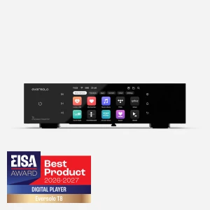 Front view of the Eversolo T8 streaming transport digital player showing app icons on the display, with an EISA Best Product 2026–2027 badge in the bottom-left corner.