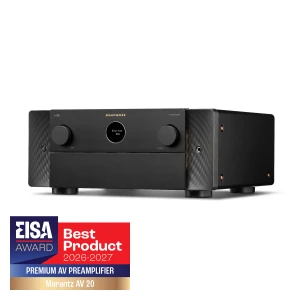 Marantz AV preamplifier front view with two large knobs and circular display, flanked by textured side panels and an EISA Best Product 2026–2027 badge in the corner.
