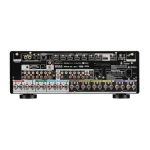 Rear view of a high-end AV receiver with numerous speaker terminals, HDMI inputs, and network ports.
