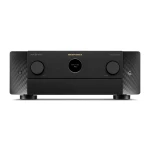 Black Marantz AV receiver front panel with two large knobs on either side and a circular display in the center, textured side panels visible on the sides.