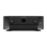 Front view of a black Marantz AV surround amplifier with two large side knobs, a circular center display, and a row of small buttons beneath; brushed metal side panels visible on each side.