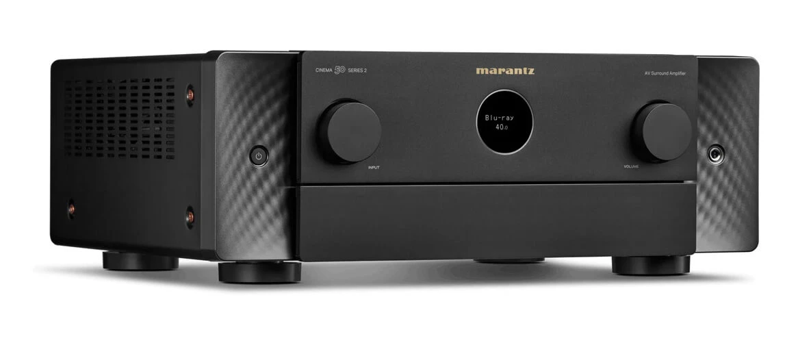 marantz-cinema-50-series-2-cierna - Enigma High Fidelity Audio Marantz AV surround amplifier with two large front knobs and a circular display in the center.