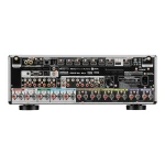 Rear panel of an AV receiver with many labeled inputs/outputs, including HDMI, audio, and a full set of speaker terminals (Front, Center, Surround, Height).