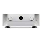 Marantz AV surround amplifier front view with a central circular display showing Blu-ray 40.0 and large left/right knobs for input and volume, silver finish.
