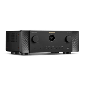 Marantz AV surround receiver front view with black brushed metal panels, two large knobs, a circular display, and row of control buttons