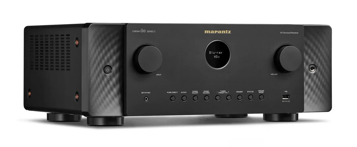 marantz-cinema-60-dab-series-2-cierna - Enigma High Fidelity Audio Marantz AV surround receiver front view with black brushed metal panels, two large knobs, a circular display, and row of control buttons