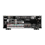 Rear panel of a multi-channel AV receiver with labeled speaker terminals (red/black), input/output connectors, and power inlet; shows HDMI, USB, and network ports.