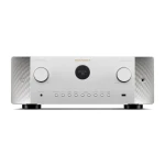 Silver Marantz AV/receiver front panel with two large knobs, central circular display reading 'Blu-ray 4.0', and row of small control buttons; USB port on right.