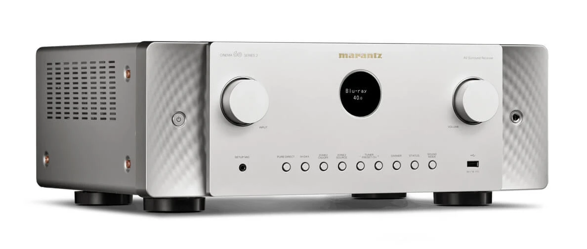 marantz-cinema-60-dab-series-2-strieborna - Enigma High Fidelity Audio Marantz AV receiver with two large knobs and a circular display on a silver front panel.
