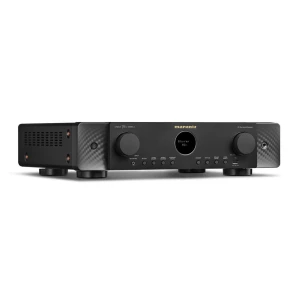 Marantz AV surround receiver front view with large knobs and circular central display on a black paneltopped chassis