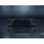 Marantz AV receiver on a reflective surface in a dim blue-lit studio setting.