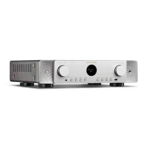 Marantz stereo amplifier with silver front panel, large left and right knobs, circular display in the center, and ventilation on the sides.Option 1: concise product image alt text for a hi‑fi receiver.