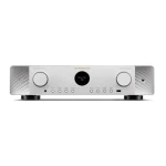 Marantz AV receiver front panel with brushed metal finish, two large knobs, and a central circular display showing Blu-ray 4.0