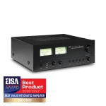 Black NAD stereo amplifier with two illuminated VU meters and multiple knobs; award badge