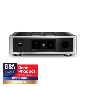 Front view of a NAD M33 V2 smart amplifier with an EISA Best Product 2026–2027 badge in the lower-left corner