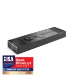 Long black immersive audio system with a circular control dial and a smartphone on top; EISA Best Product 2026-2027 badge visible in corner.