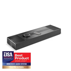 Long black immersive audio system with a circular control dial and a smartphone on top; EISA Best Product 2026-2027 badge visible in corner.