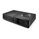 Sleek black hi‑fi streamer with brushed metal top, a large circular control dial, and a STARLITE touchscreen on the front panel.