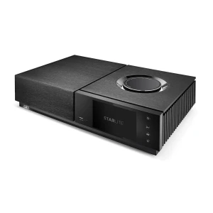 Sleek black hi‑fi streamer with brushed metal top, a large circular control dial, and a STARLITE touchscreen on the front panel.