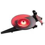 A modern DJ turntable with a red-lit, translucent platter and black base, viewed at an angle, showing the tonearm and platter glow.