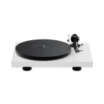 White modern turntable with a black platter and a right-side tonearm, no record mounted on it.