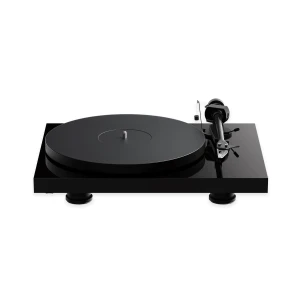 Black turntable on a glossy black plinth with a tonearm on the right, set against a white background