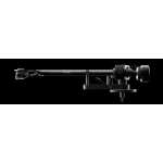Close-up of a Pro-Ject tonearm mounted on a turntable, showing a carbon-fiber arm and counterweight against a black background.
