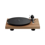 Turntable on a wooden base with a black platter and tonearm ready to play records.