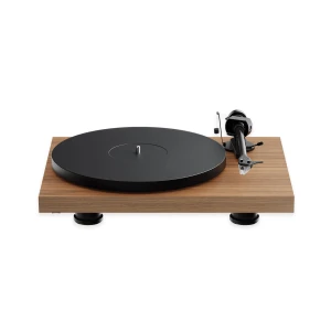 Turntable on a wooden base with a black platter and tonearm ready to play records.