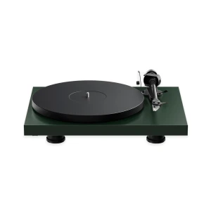 Turntable on green plinth with black platter and tonearm ready to play.