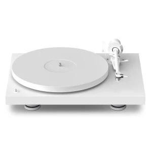 White record player with tonearm on a white turntable on a platform in a minimal design.