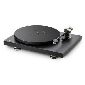 Black turntable with a circular platter, tonearm, and sturdy feet on a white background, showing a sleek hi-fi record player.