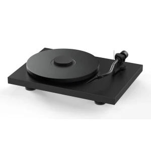 Black turntable on a rectangular base with a tonearm to the right and a large circular platter in the center