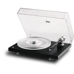 Modern vinyl turntable with a clear lid, black base, and silver tonearm ready to play